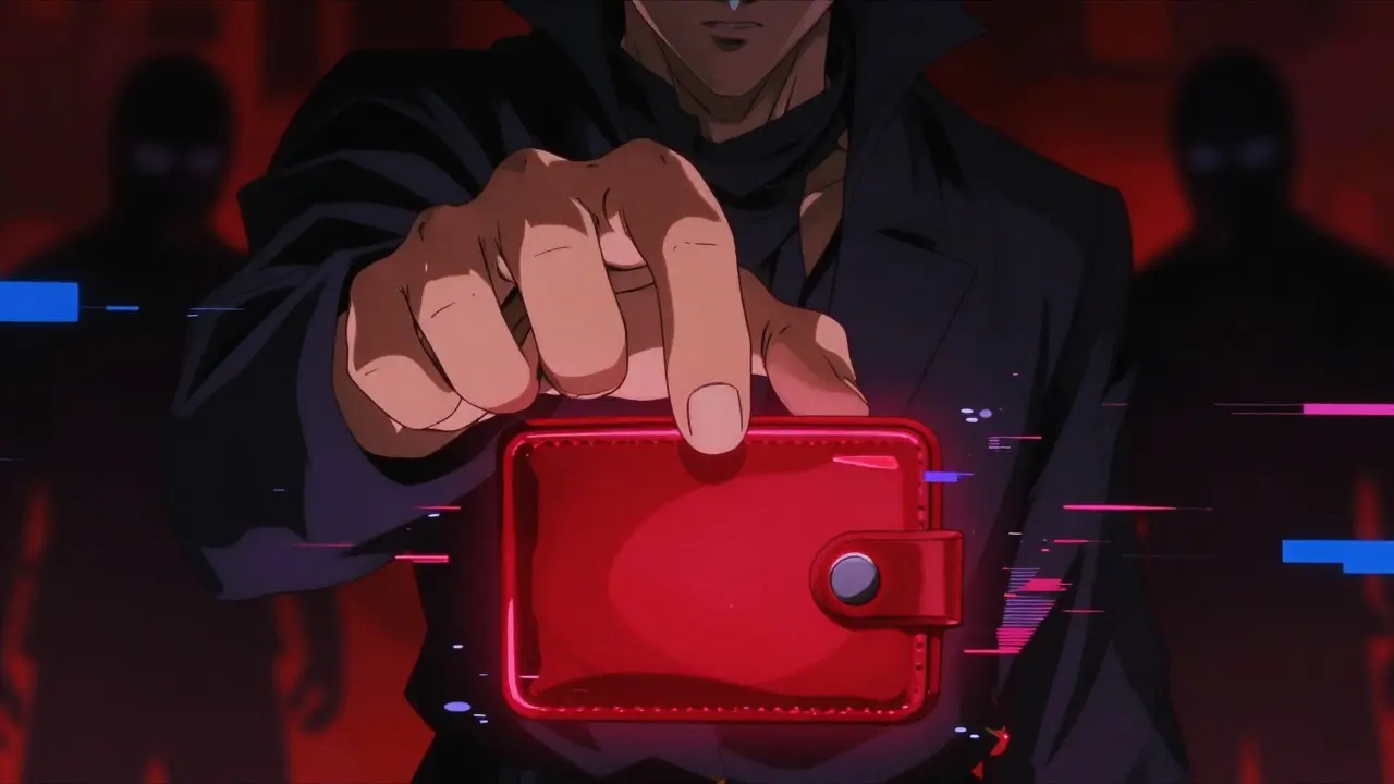 Hand hovering over risky digital wallet with glitch effects in 90s anime style