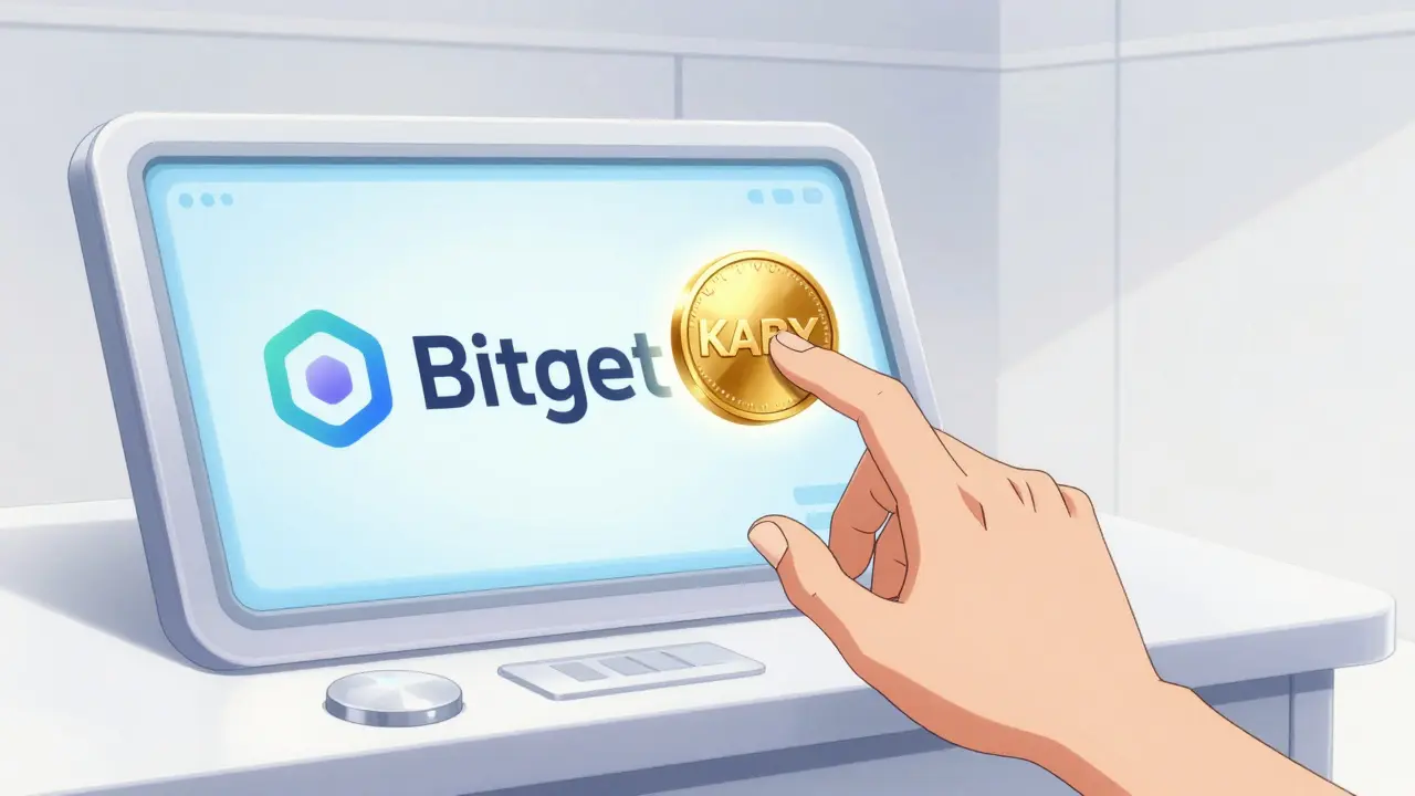 Hand touching glowing KABY token on futuristic exchange interface