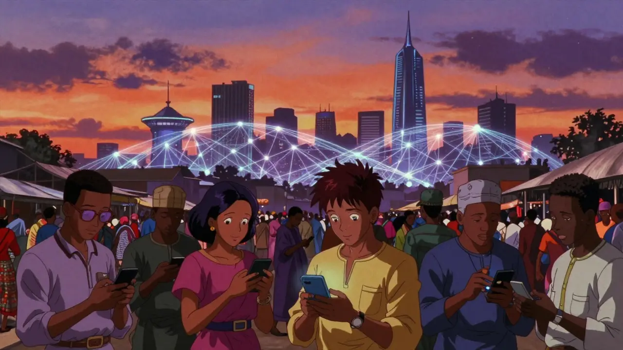 Lagos skyline with digital networks connecting people in 90s anime art.