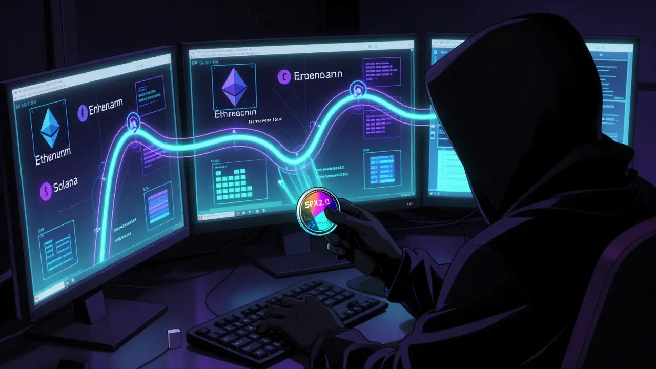 Mysterious figure analyzing blockchain bridges on glowing monitors in 90s anime style.