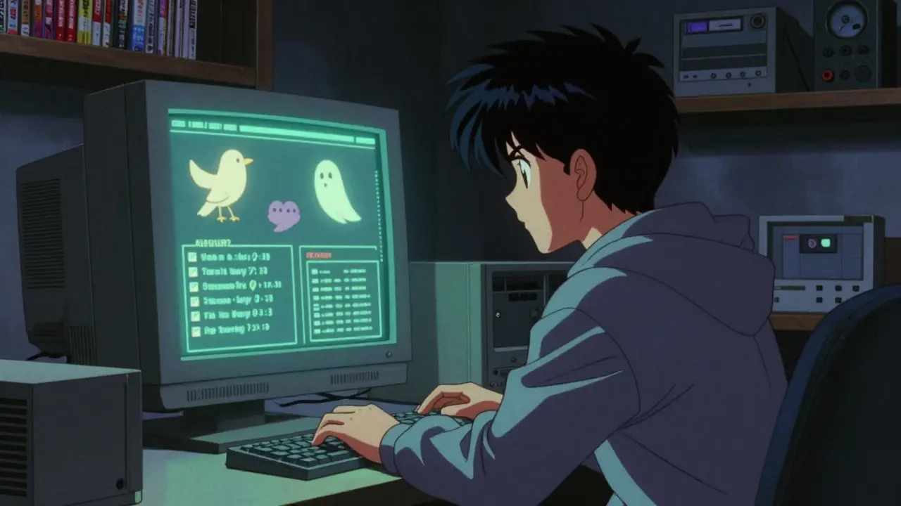 Retro anime gamer checking task lists on a CRT monitor