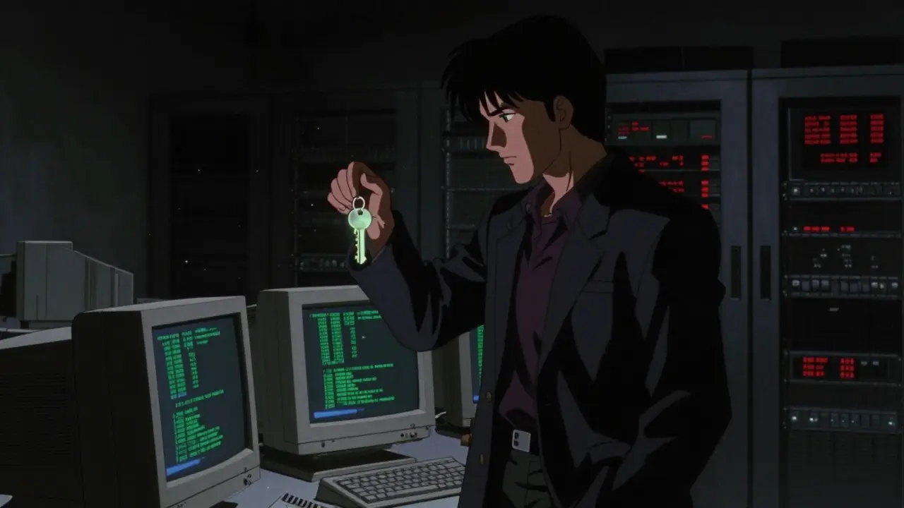 Shadowy figure holding a glowing key in front of computer monitors