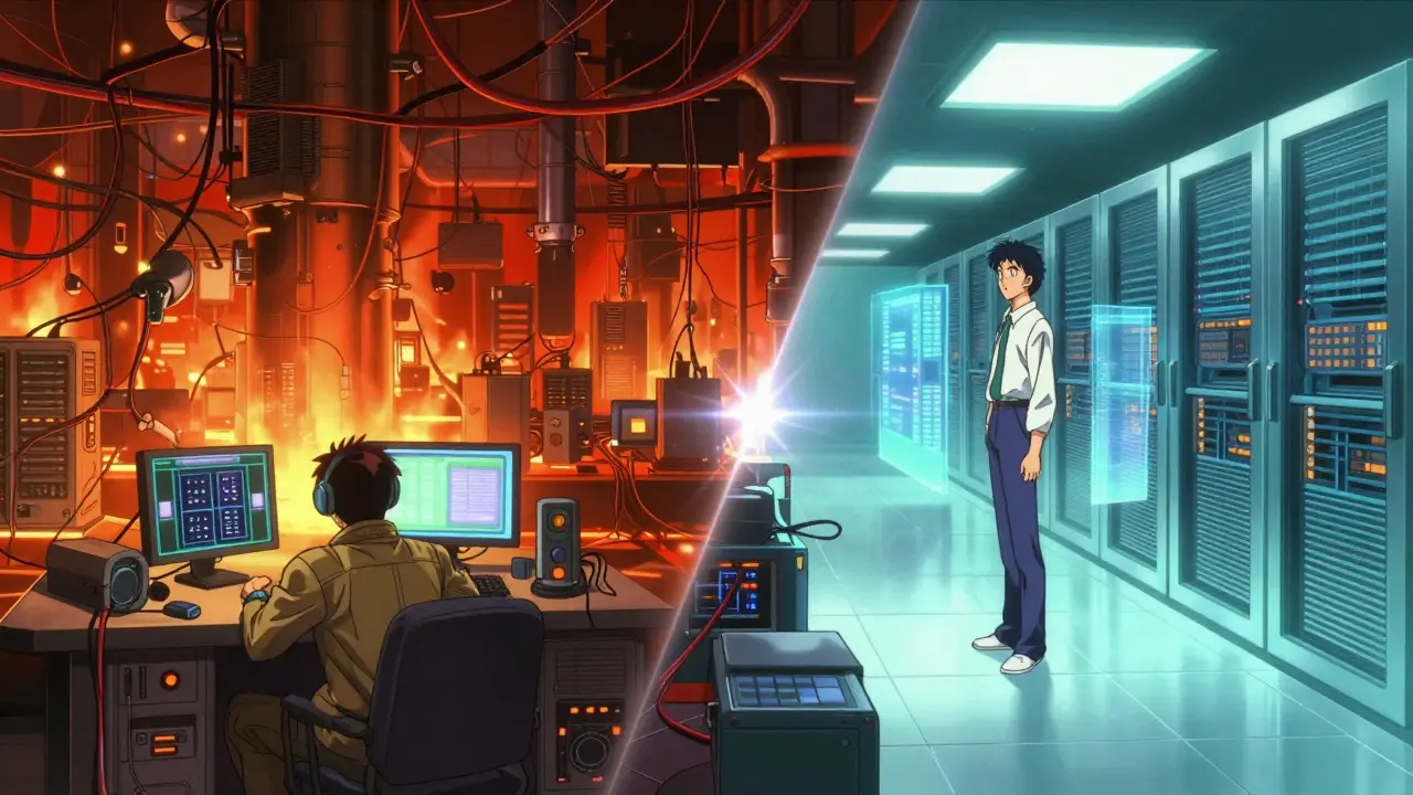 Split scene showing hot mining rigs vs cool efficient servers