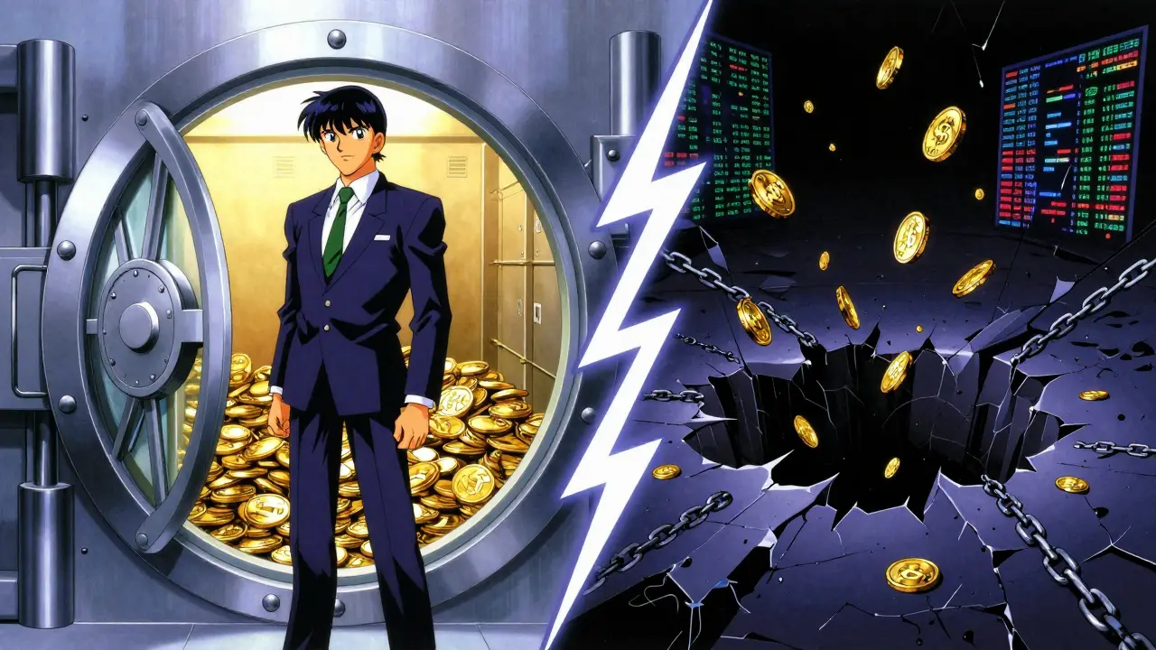 Split screen showing secure vault vs digital void in 90s anime