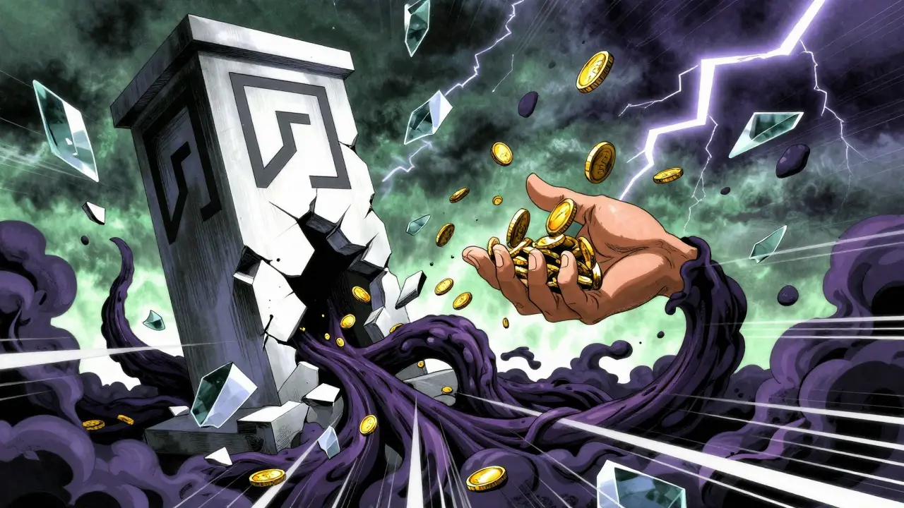 Surreal image of a crumbling pillar with dark smoke stealing gold coins
