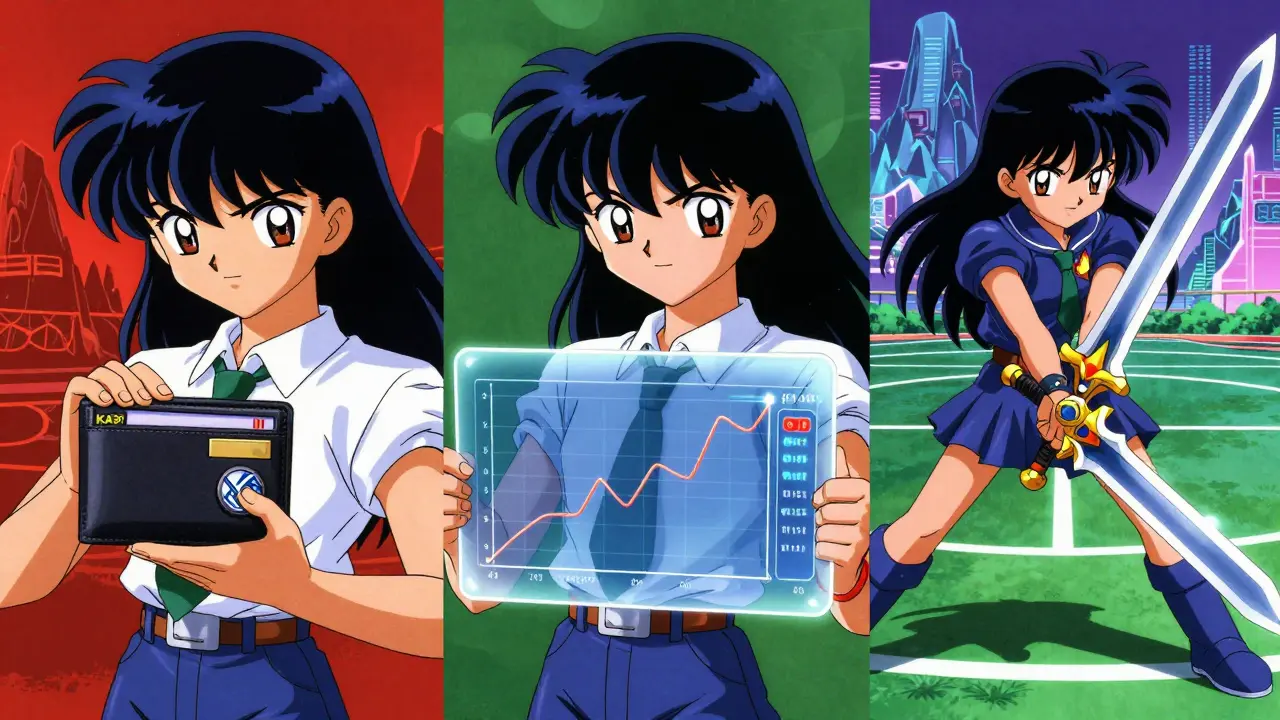 Three anime characters showing hold, trade, and play strategies