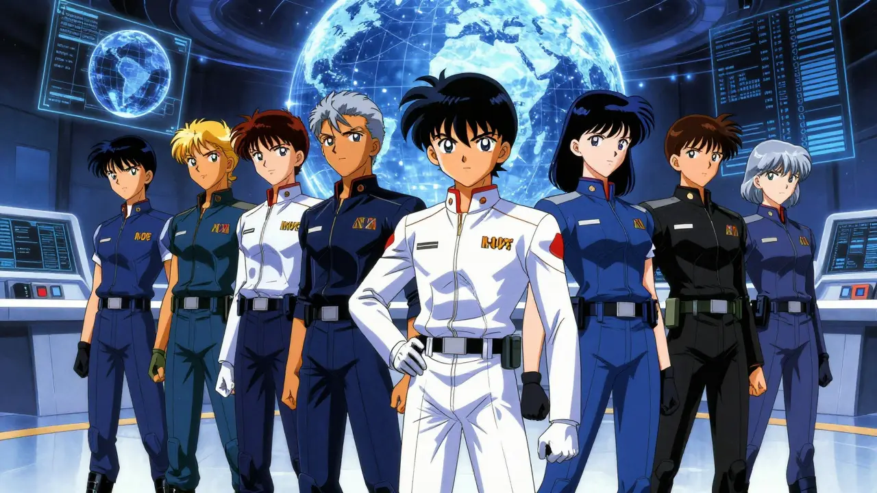 United coalition team in command center defending against cyber threats in anime art