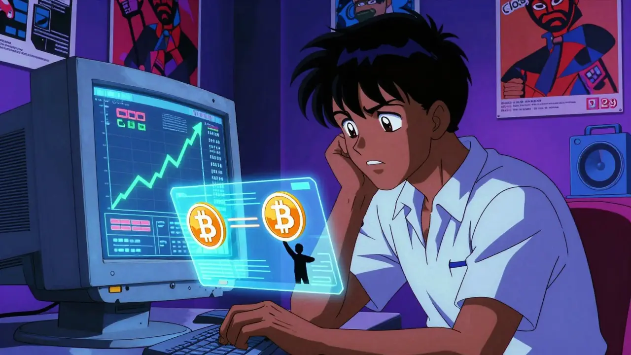 Young trader focused on crypto charts with holographic data streams.