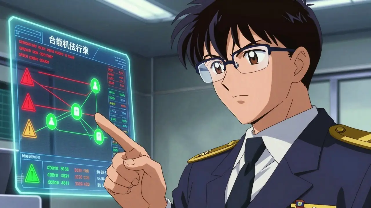 90s anime regulator pointing at holographic data, illustrating strict crypto compliance rules