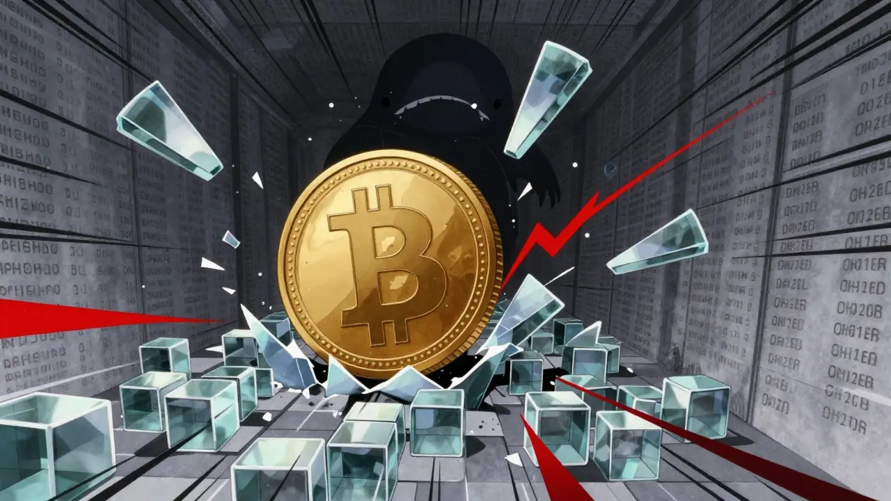 A large coin shattering glass blocks in a tunnel, symbolizing low liquidity and slippage in 90s anime style.