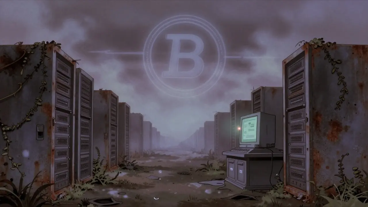 Abandoned digital servers in foggy, desolate landscape