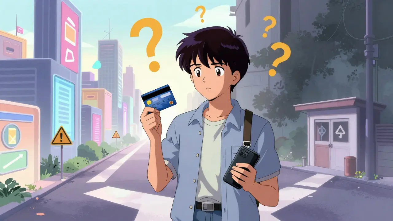 An anime character hesitating between a busy city and a quiet alley, weighing exchange options cautiously.