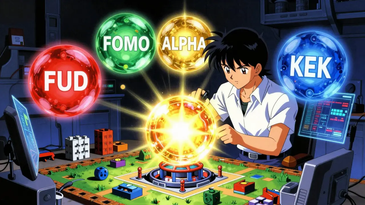 Anime character crafting installations with glowing ALPHA orb resource