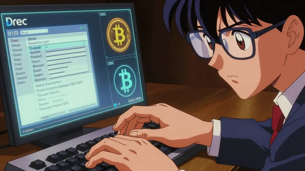 Anime character filing crypto taxes with Drex digital currency hologram