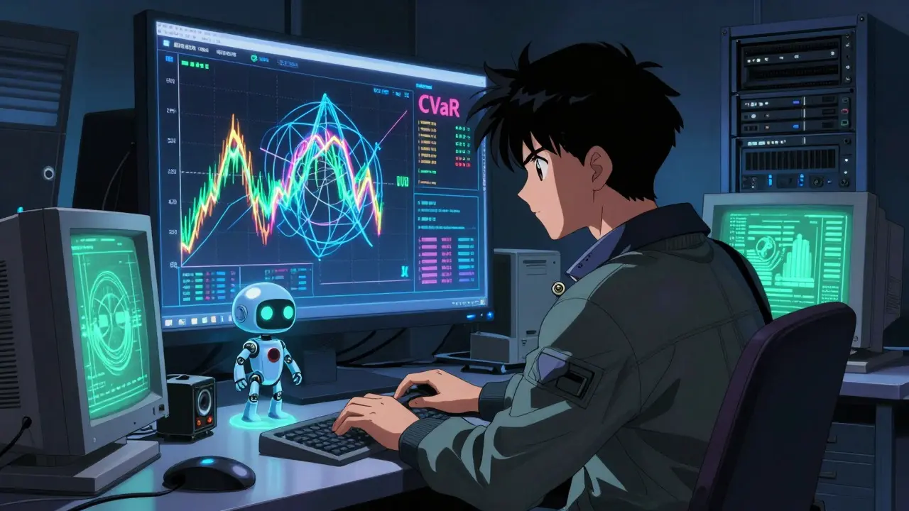 Anime character monitoring AI algorithms and risk metrics on vintage screens