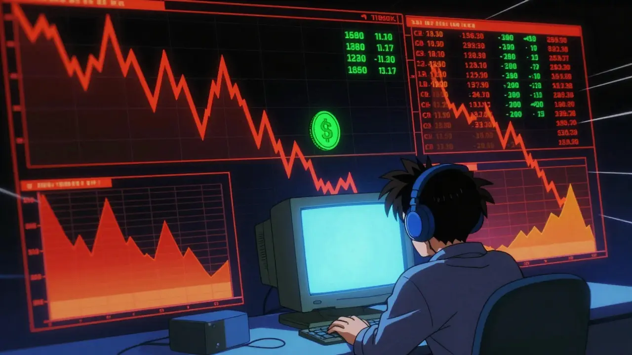 Anime character stressed at a computer showing volatile crypto market charts