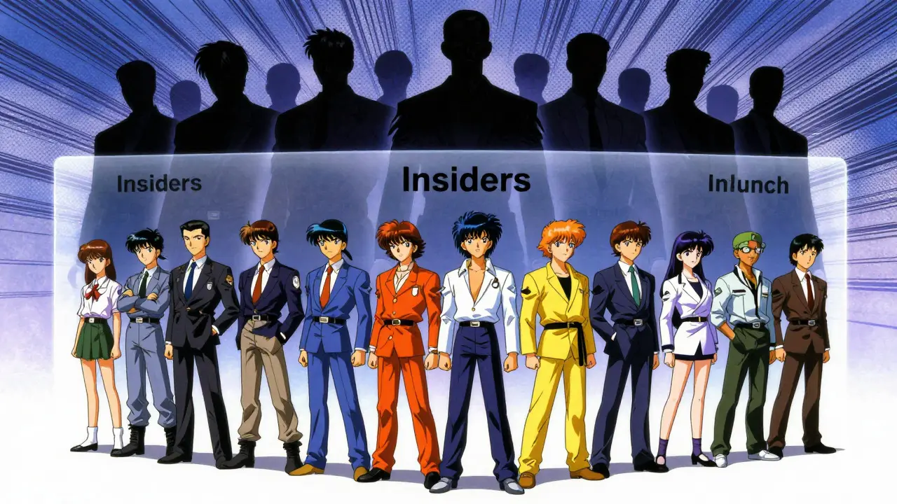 Anime characters at a fair launch starting line, blocked from insiders by a glowing barrier.