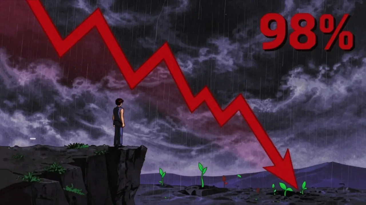Anime figure watching a plummeting red crypto chart with hopeful green sprouts below.
