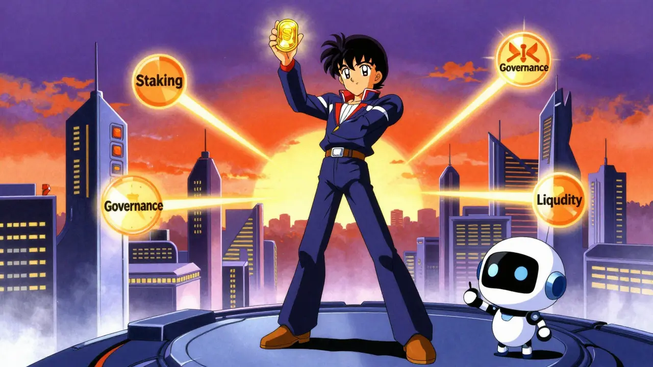 Anime hero holding token over staking platforms