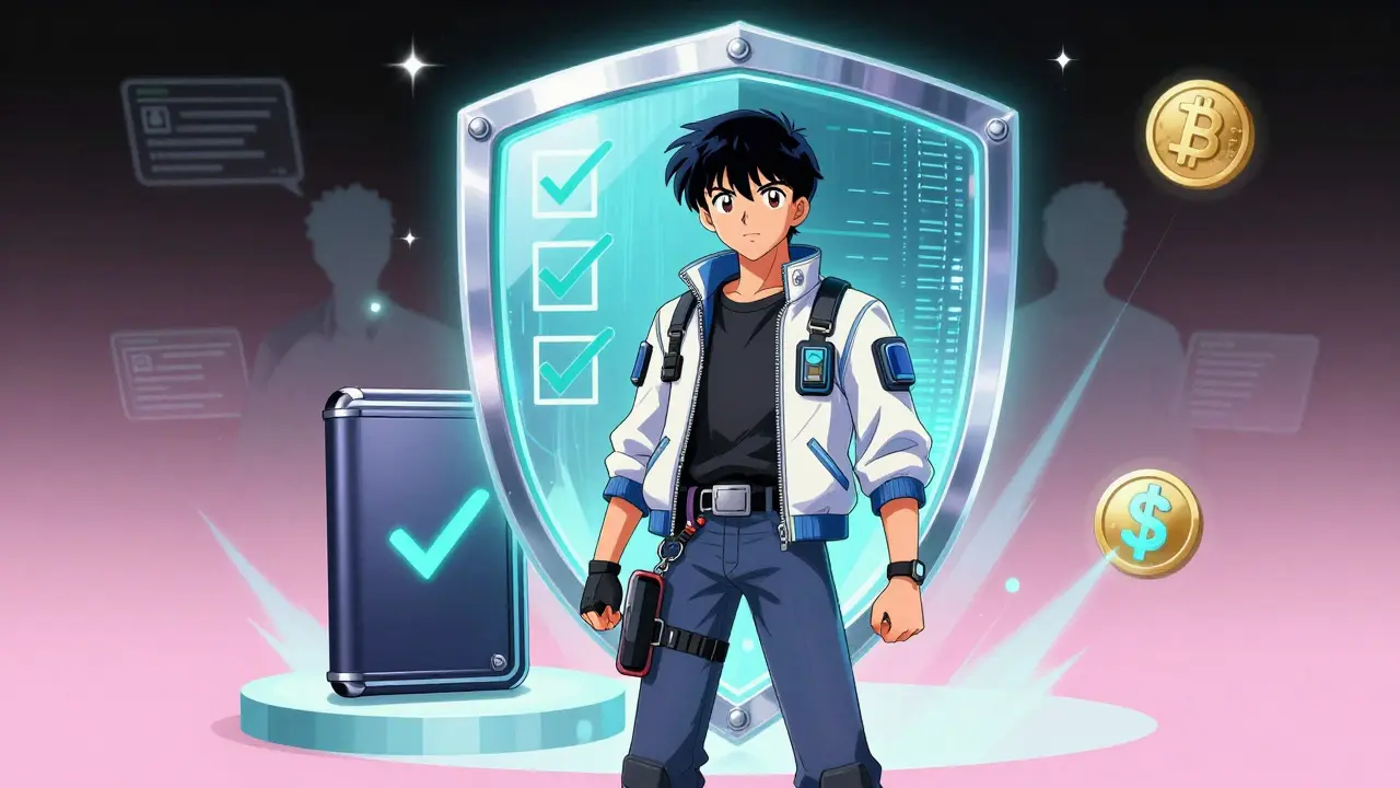 Anime hero standing behind a digital shield protecting a hardware wallet from threats