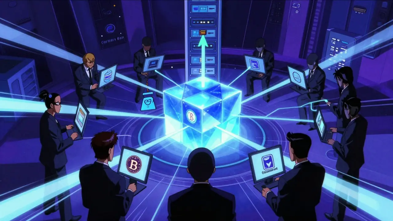 Anime illustration of regulatory bodies monitoring crypto blockchain data