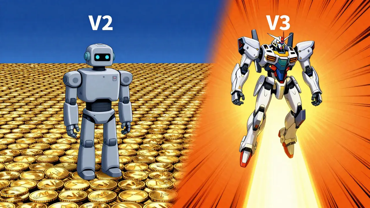 Anime robots comparing simple vs complex liquidity models in 90s style