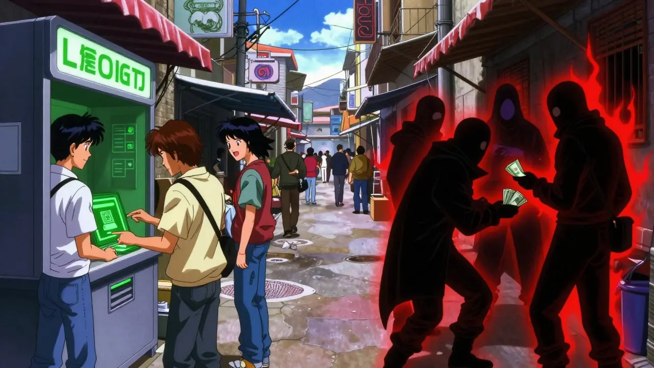 Anime scene contrasting safe bank crypto trading with risky underground swaps in Bolivia