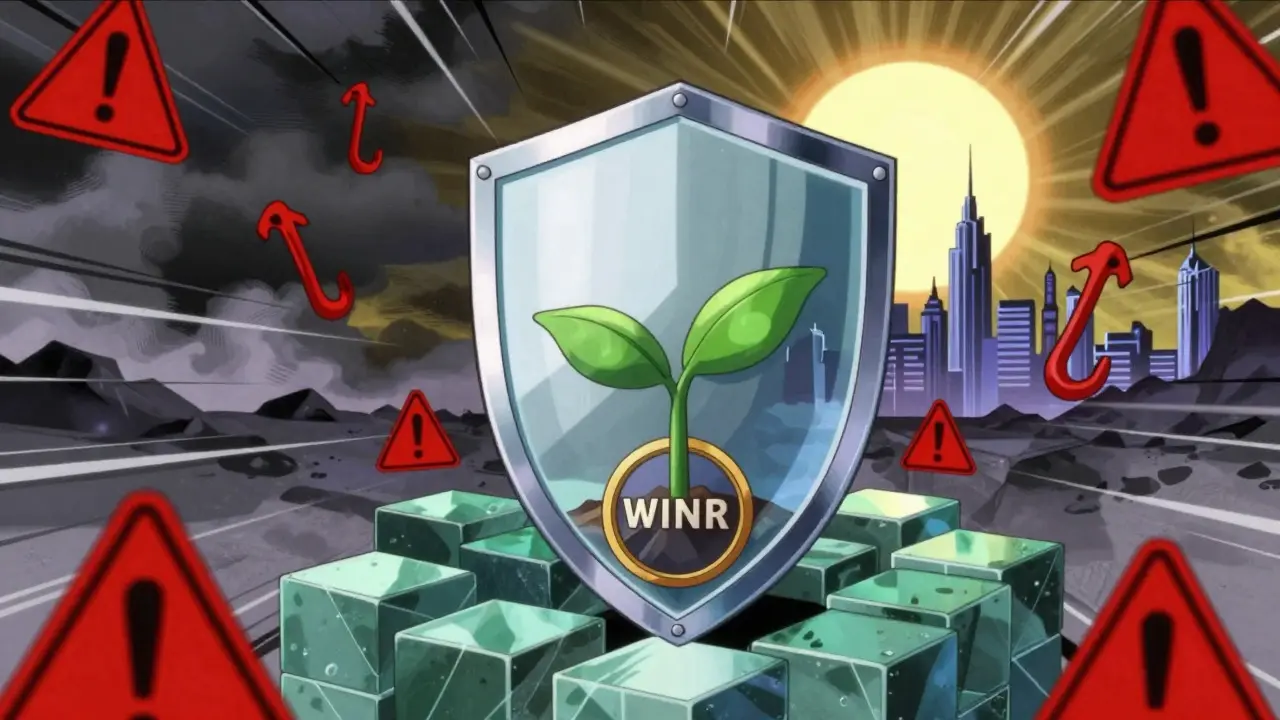 Blockchain shield protecting crypto seedling from scams with sunrise