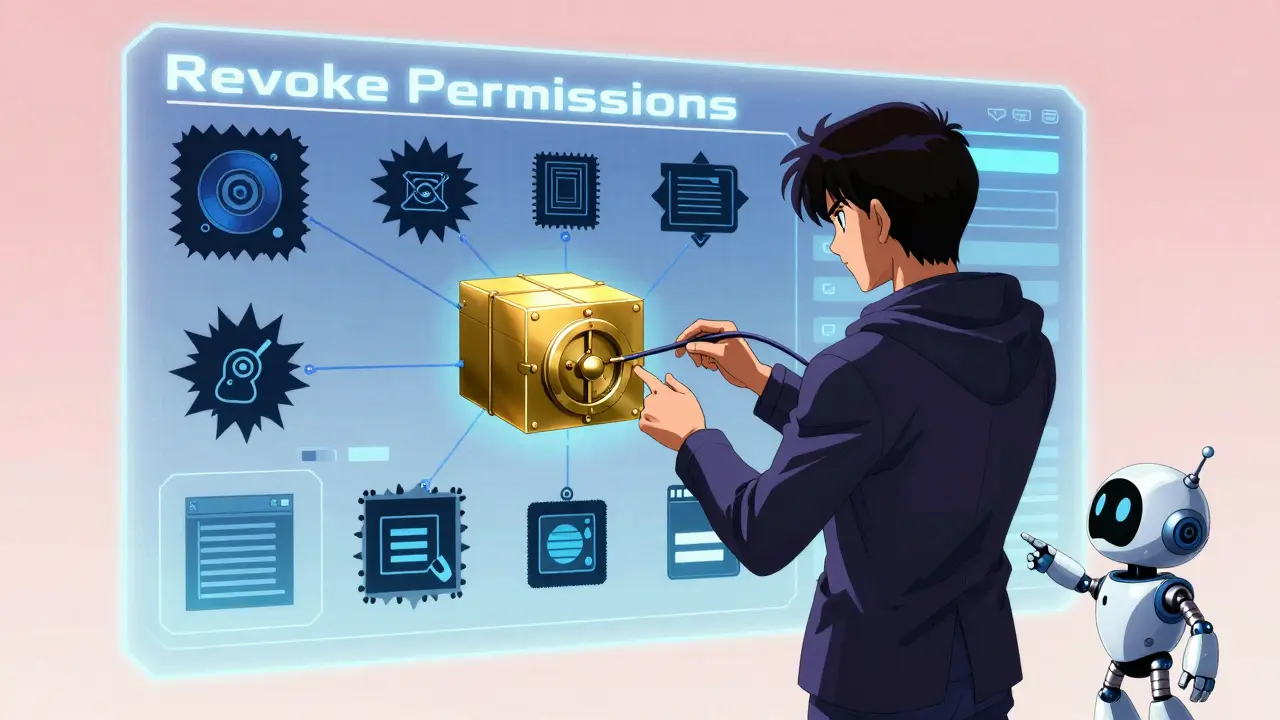 Character revoking permissions on holographic screen to protect funds