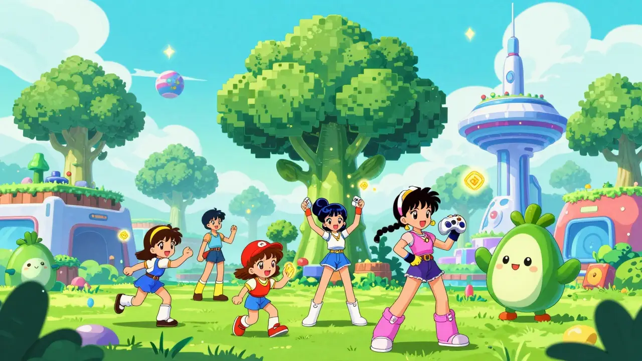 Cheerful anime characters playing games in a colorful broccoli-themed metaverse