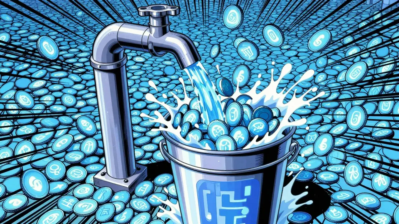 Coins pouring endlessly from faucet illustrating inflation