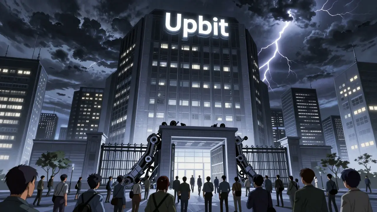 Corporate building gates closing on traders under stormy sky