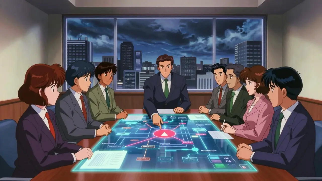 Corporate executives discussing blockchain governance challenges in anime boardroom