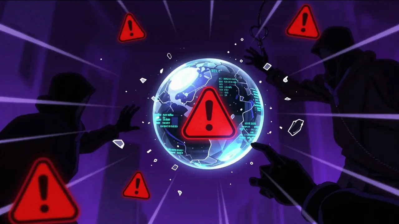 Cyberpunk scene showing hacking risks and unverified smart contracts