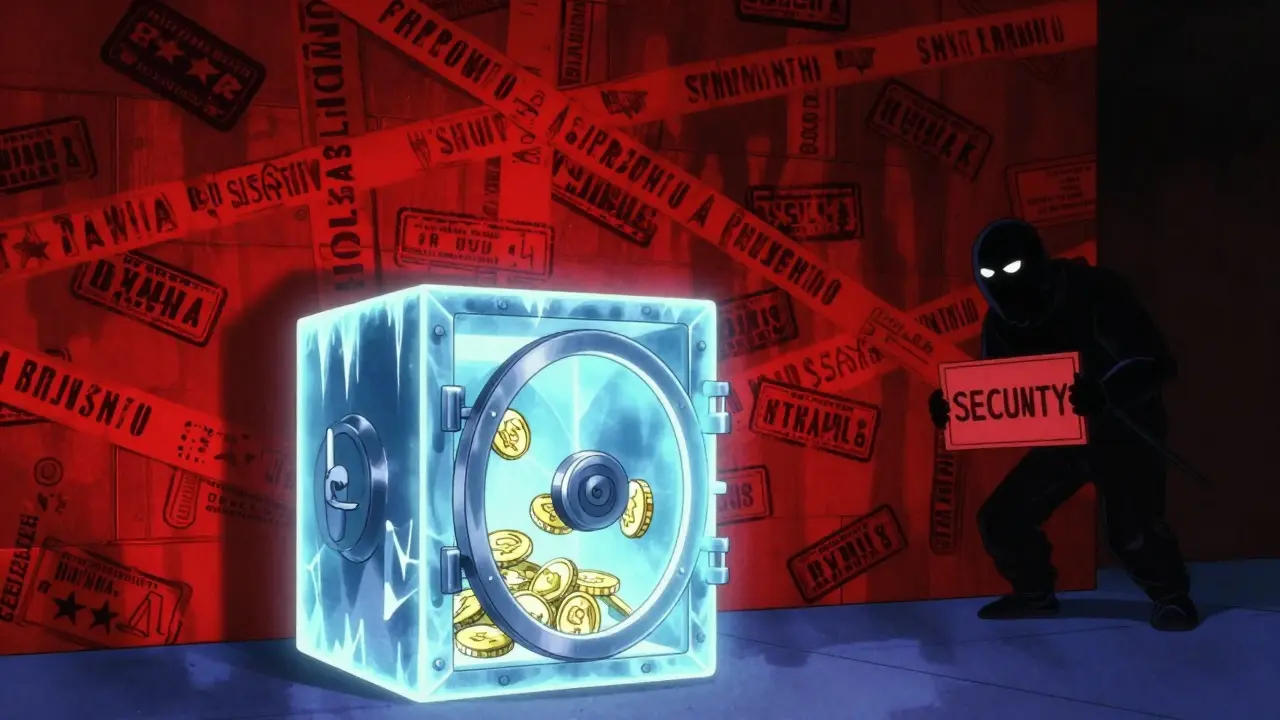Cyberpunk vault securing crypto assets behind a wall of regulatory restrictions