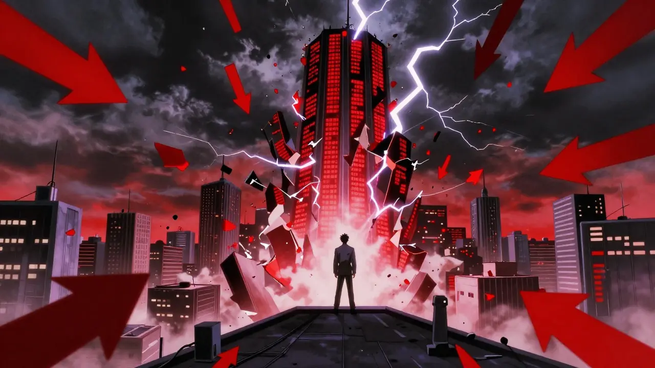 Dramatic anime scene of a crypto market crash with collapsing leveraged positions