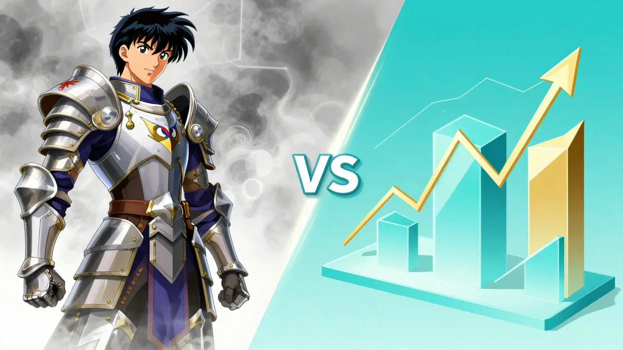 Fantasy warrior fading into modern DeFi graphics