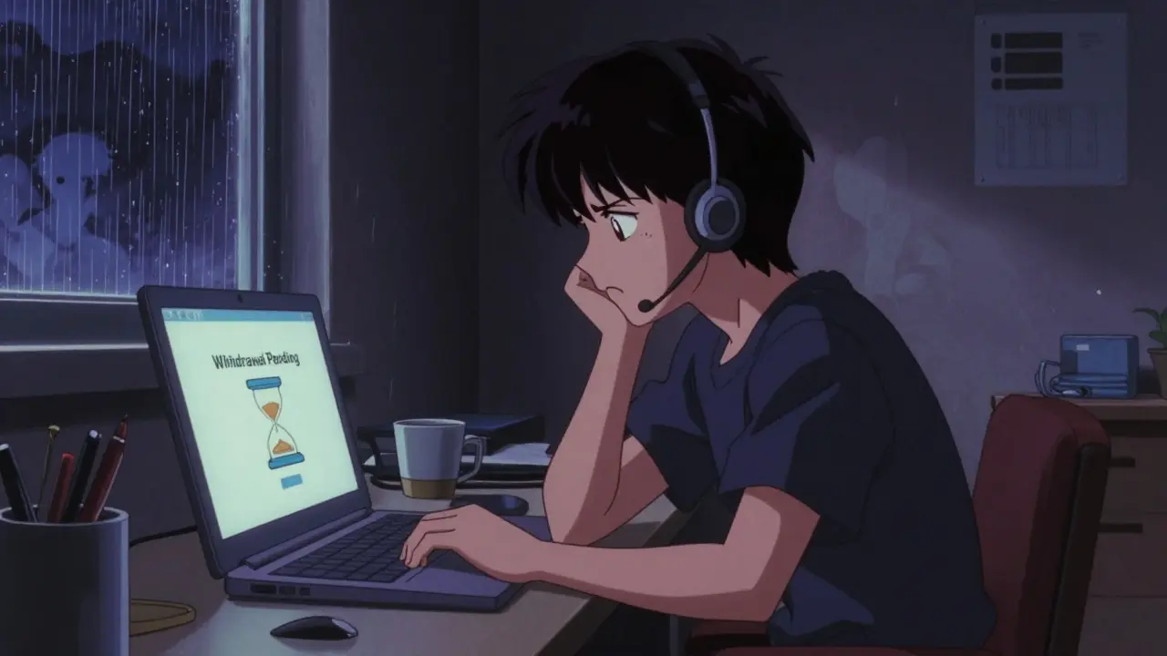 Frustrated user waiting for withdrawal on laptop in rainy room