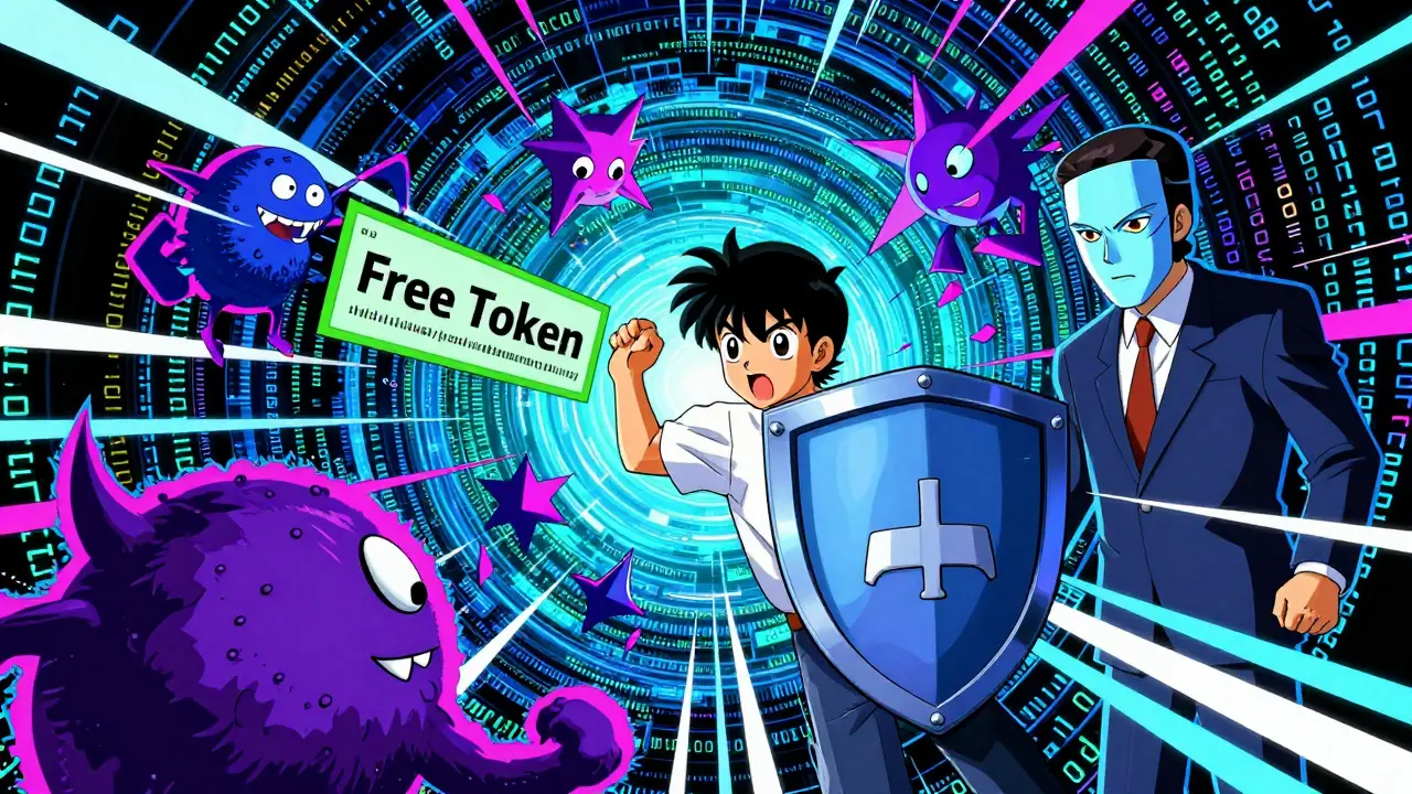 Glitchy monsters and fake tokens attacking a user in 90s anime style