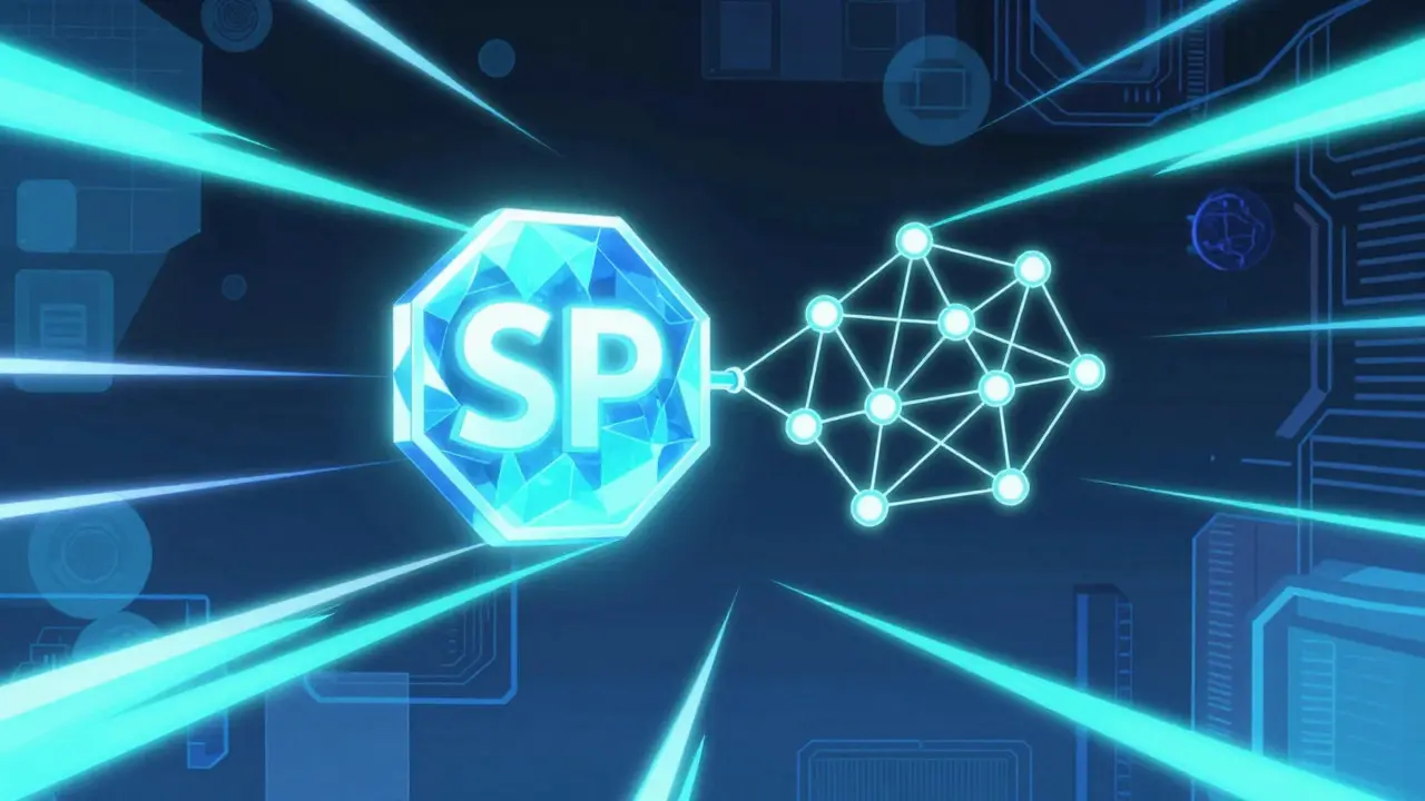 Glowing SP crypto token connected to blockchain network nodes
