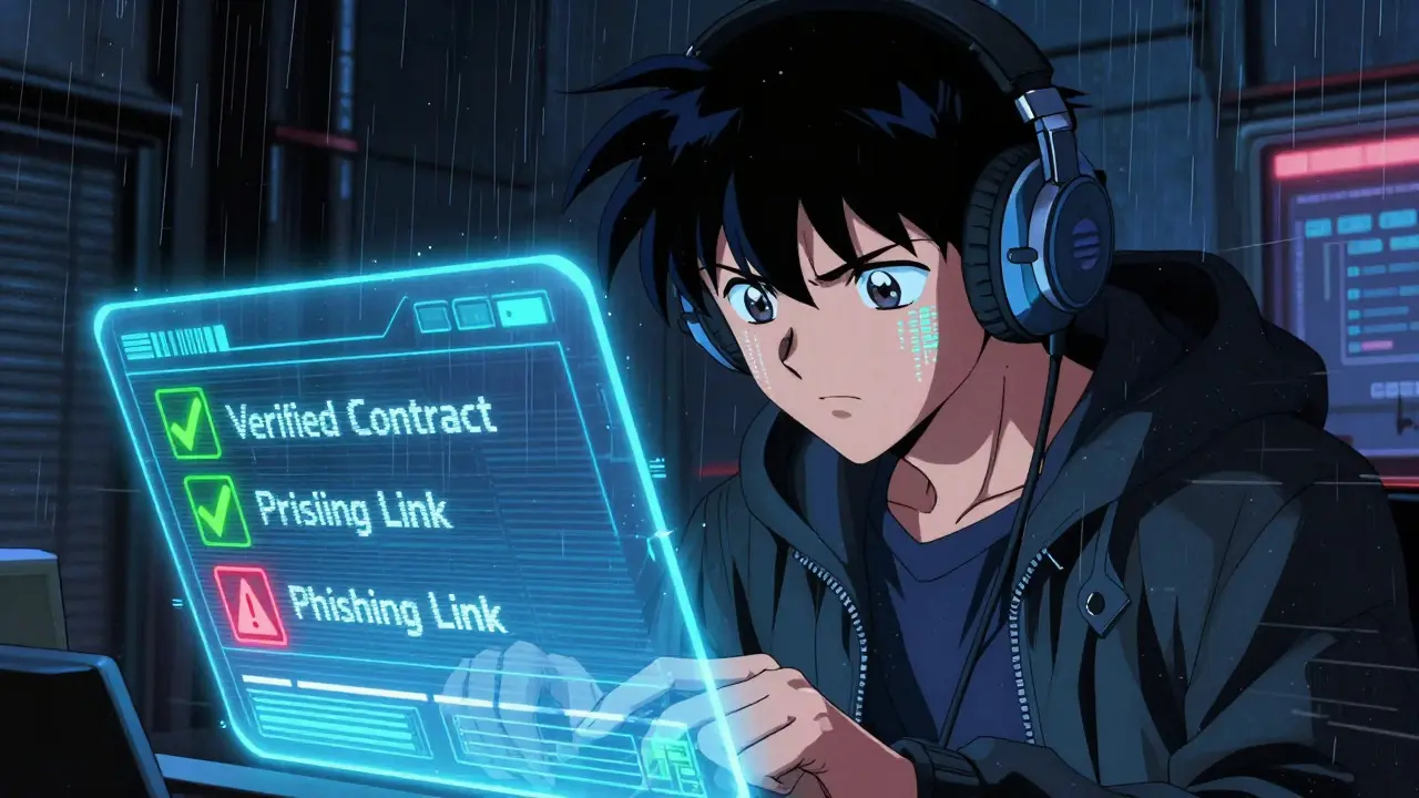 Hacker checking blockchain safety on hologram screen