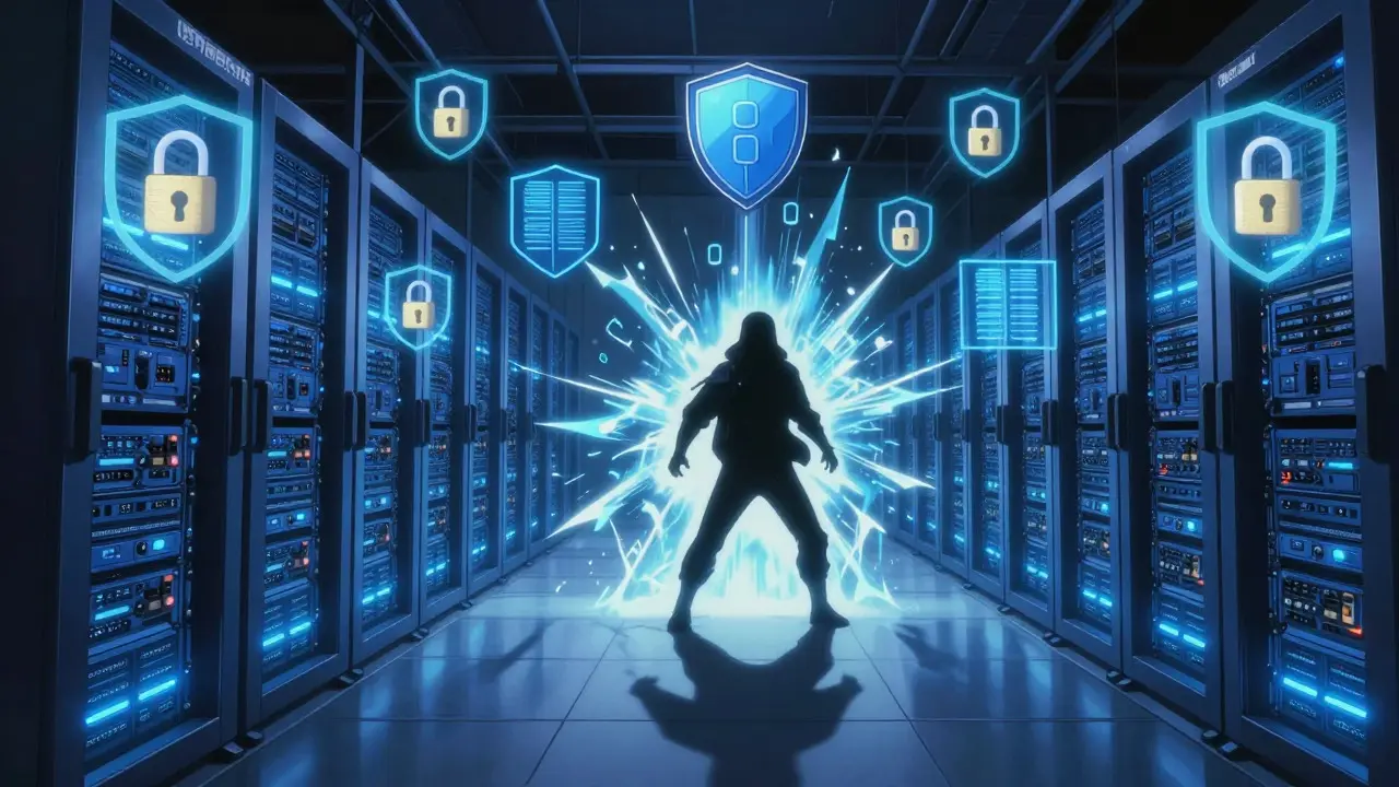High-tech server room with digital shields representing crypto security