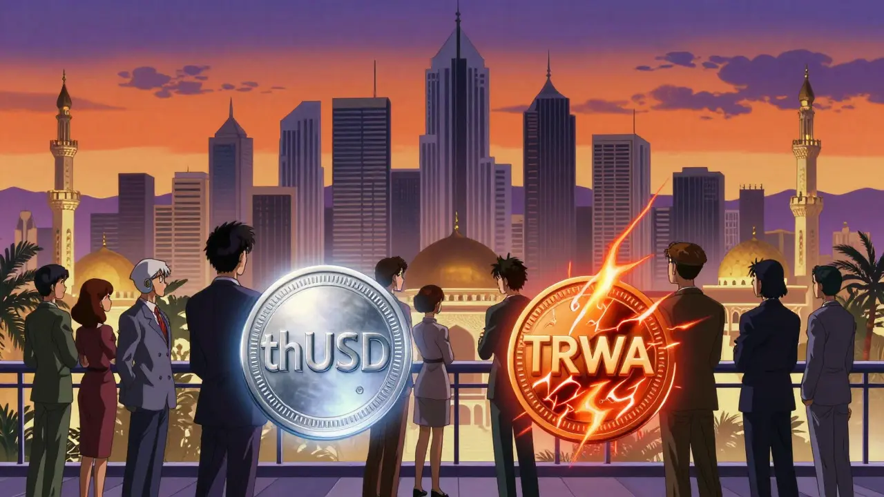 Investors overlooking a city blending modern and Islamic architecture with crypto tokens