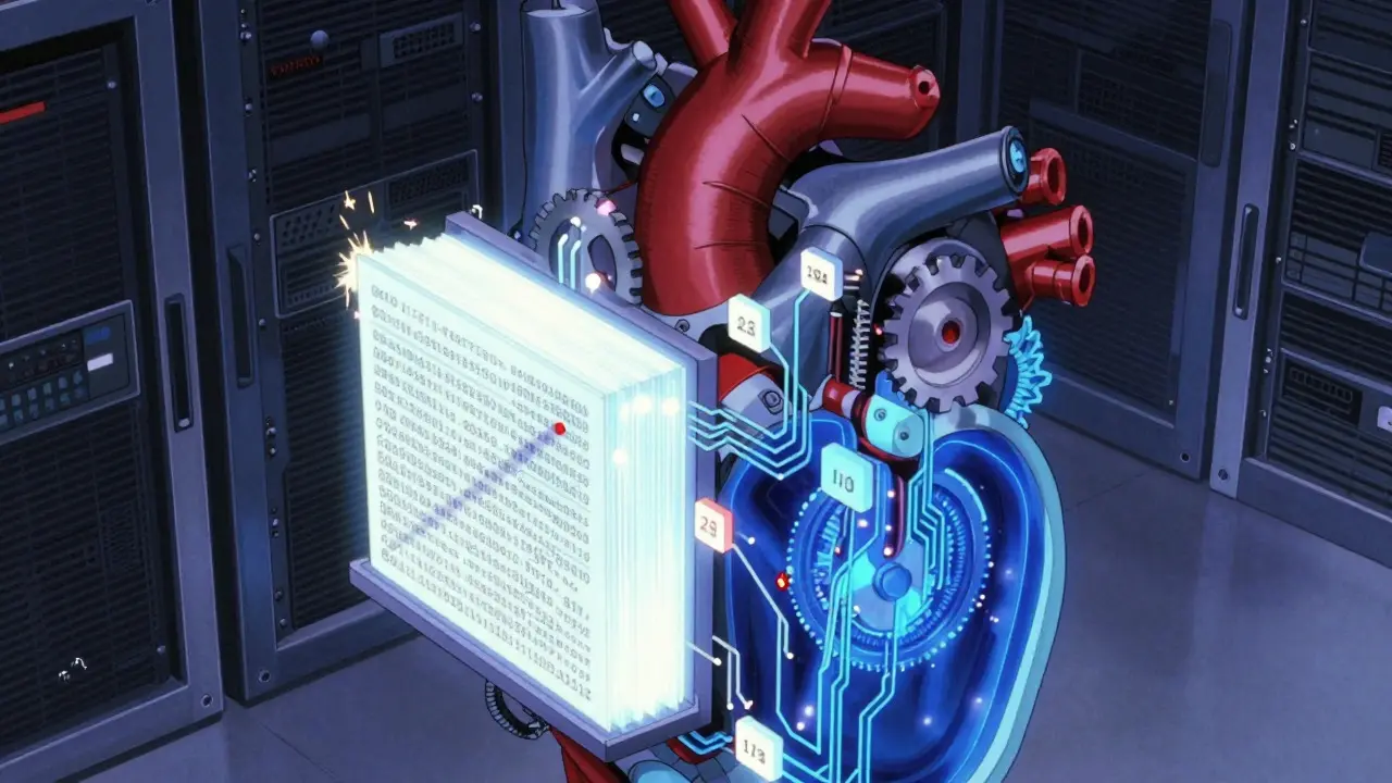 Mechanical heart visualization of dual-layer blockchain architecture in 90s anime style