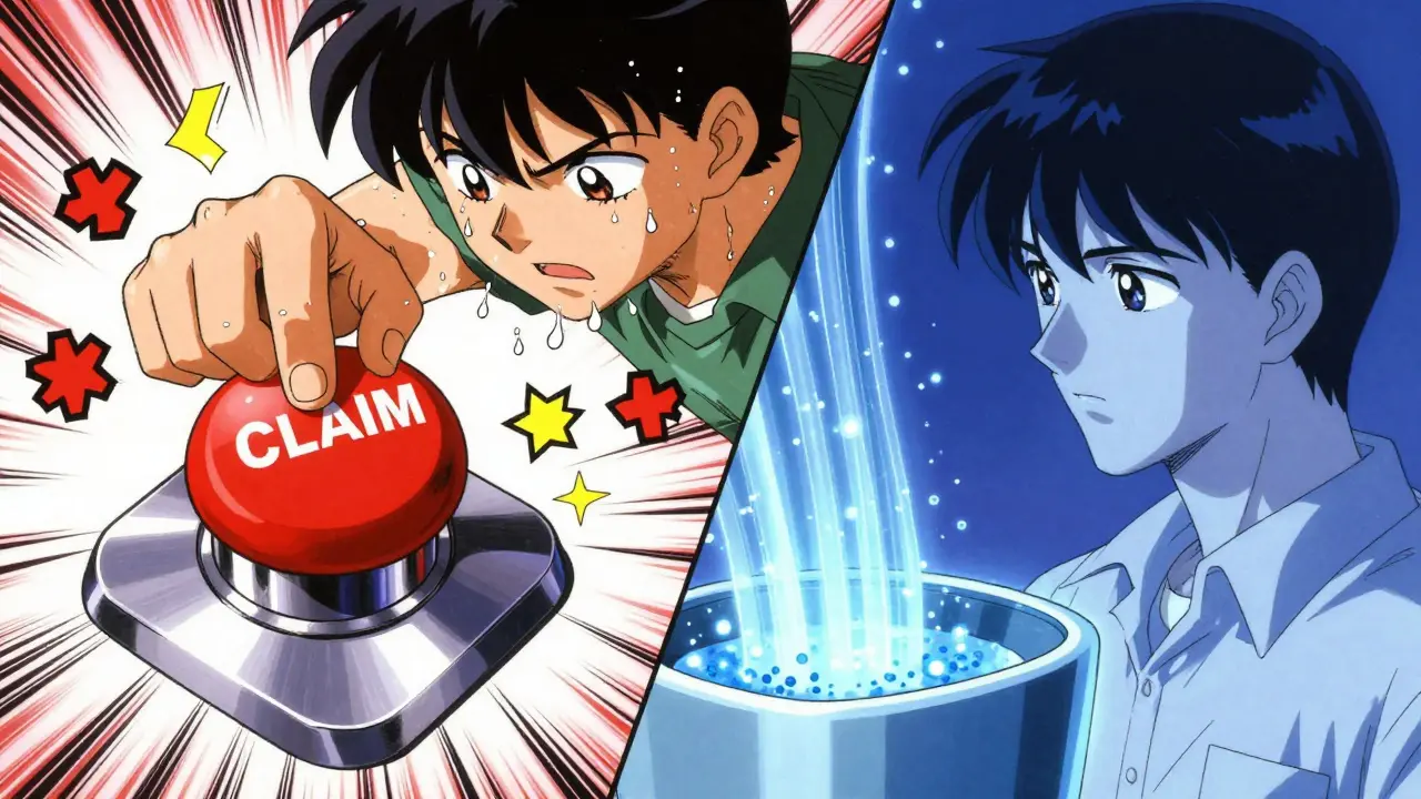 Retro anime scene contrasting manual claiming stress with passive income ease