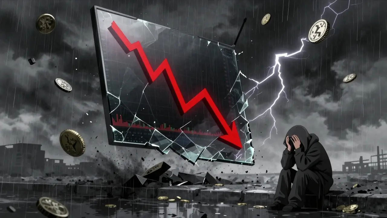 Shattered screen with crashing red chart and despairing figure
