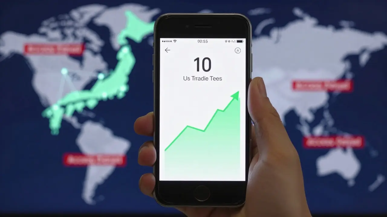 Smartphone displaying zero-fee crypto trading app with Japan map