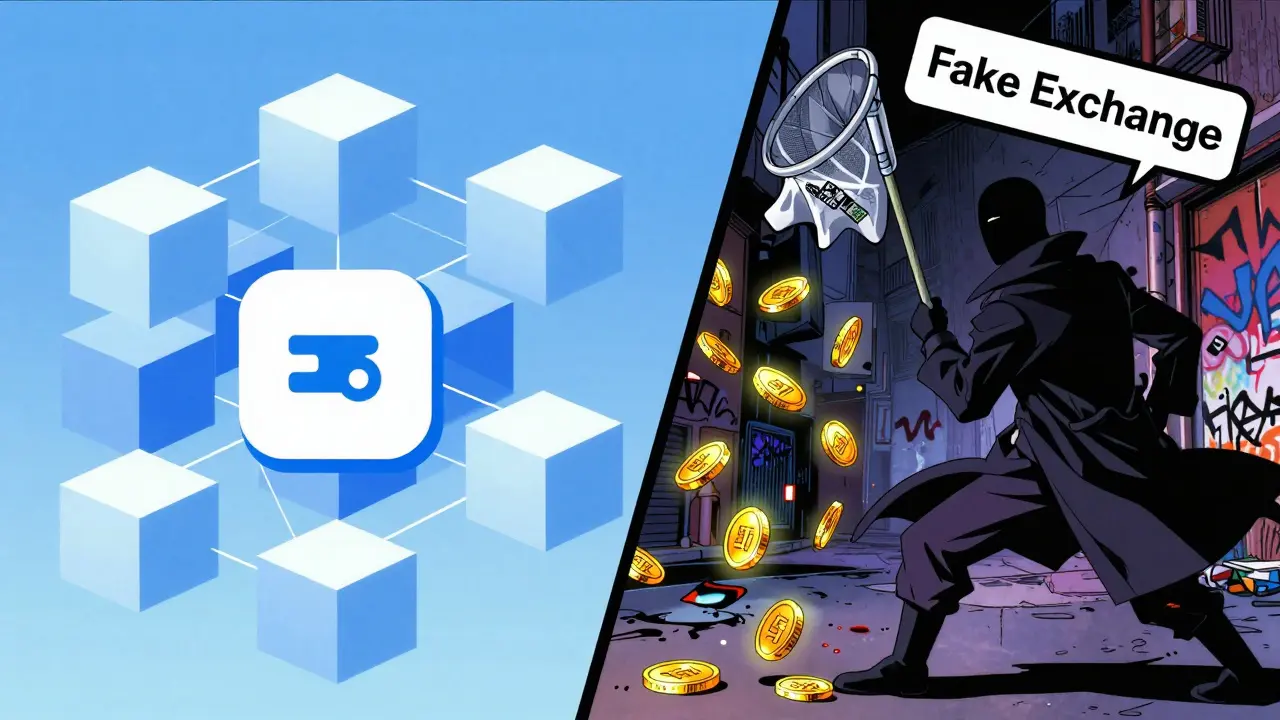 Split screen anime art contrasting safe DeFi protocols with a shady scammer figure