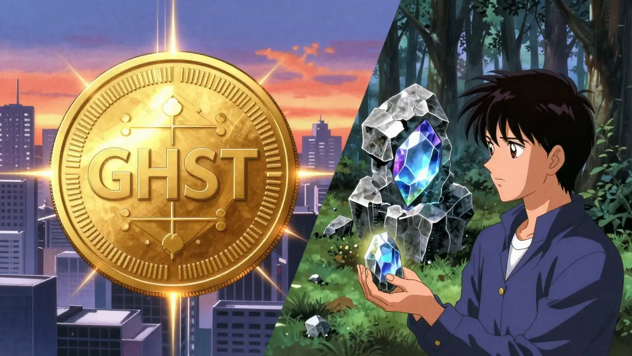 Split screen comparing GHST coin and ALPHA gem in 90s anime art