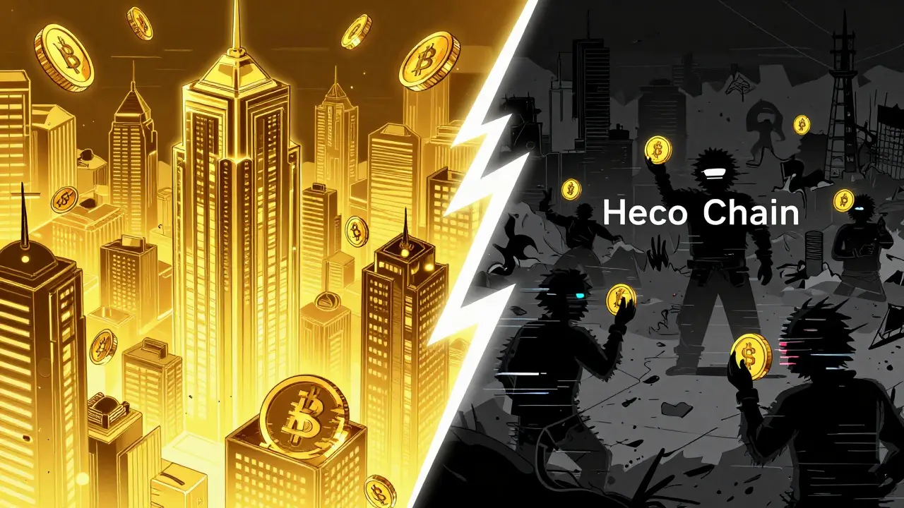 Split view contrasting legitimate blockchain with a dark scam network